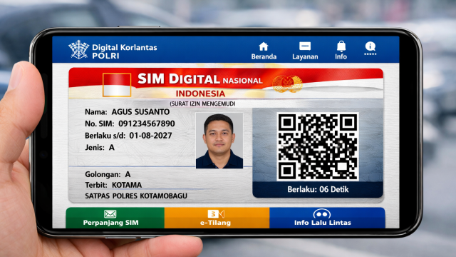 Tampilan aplikasi Digital Korlantas Polri dalam mode landscape yang menampilkan fitur SIM Digital Nasional dengan QR Code verifikasi dinamis. 📍Sumber Foto: Dokumentasi Digital Korlantas Polri / Ilustrasi AI