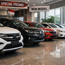 Deretan mobil baru di sebuah showroom otomotif Indonesia dalam format landscape, diprediksi mengalami kenaikan harga pertengahan 2026.
