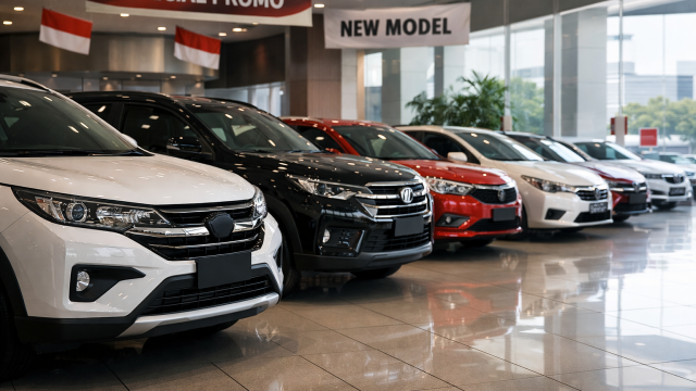 Deretan mobil baru di sebuah showroom otomotif Indonesia dalam format landscape, diprediksi mengalami kenaikan harga pertengahan 2026.